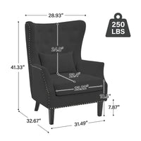 Fauteuil à oreilles classique en velours côtelé avec clous décoratifs, oreiller lombaire et pieds en hévéa