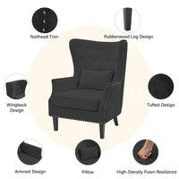 Fauteuil à oreilles classique en velours côtelé avec clous décoratifs, oreiller lombaire et pieds en hévéa