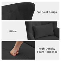 Fauteuil à oreilles classique en velours côtelé avec clous décoratifs, oreiller lombaire et pieds en hévéa