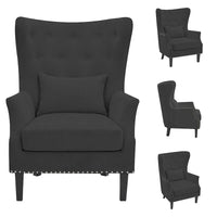 Fauteuil à oreilles classique en velours côtelé avec clous décoratifs, oreiller lombaire et pieds en hévéa