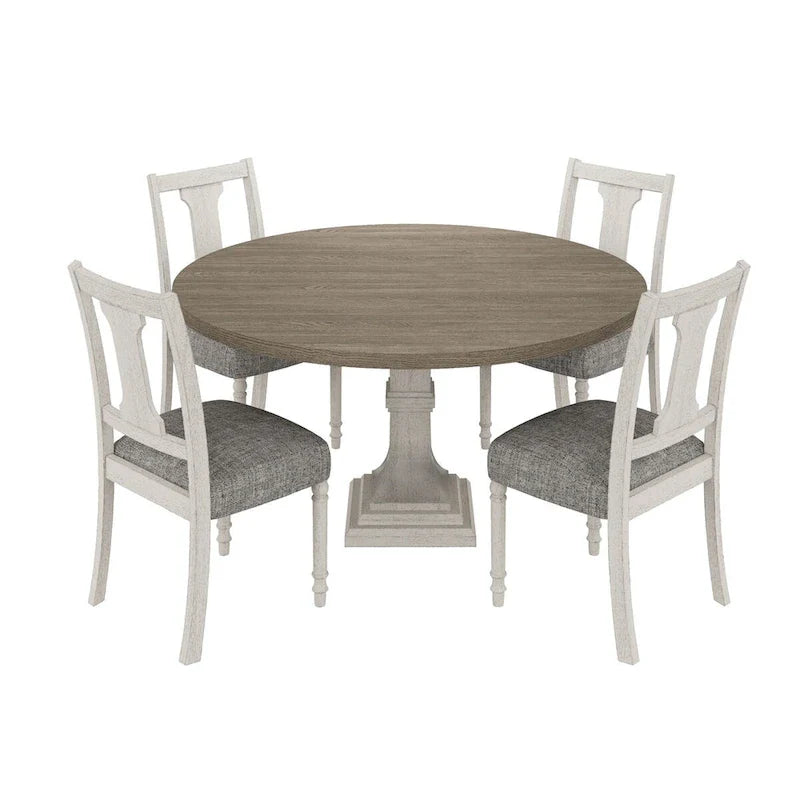 Ensemble table et chaises de salle à manger 5 pièces Sane, Fiddleback, plateau rond, gris, blanc