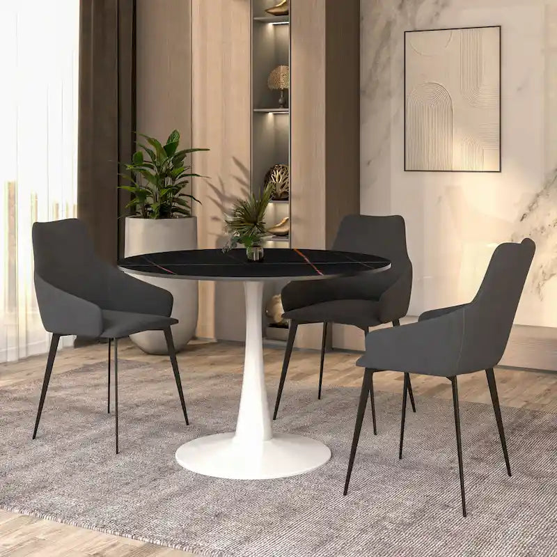 Table de salle à manger ronde 4 places LeisureMod Bristol 40 avec plateau en pierre frittée et base blanche pour cuisine et salle à manger