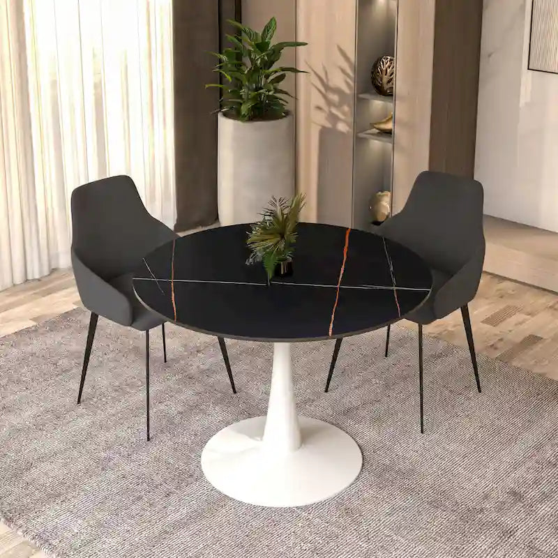 Table de salle à manger ronde 4 places LeisureMod Bristol 40 avec plateau en pierre frittée et base blanche pour cuisine et salle à manger