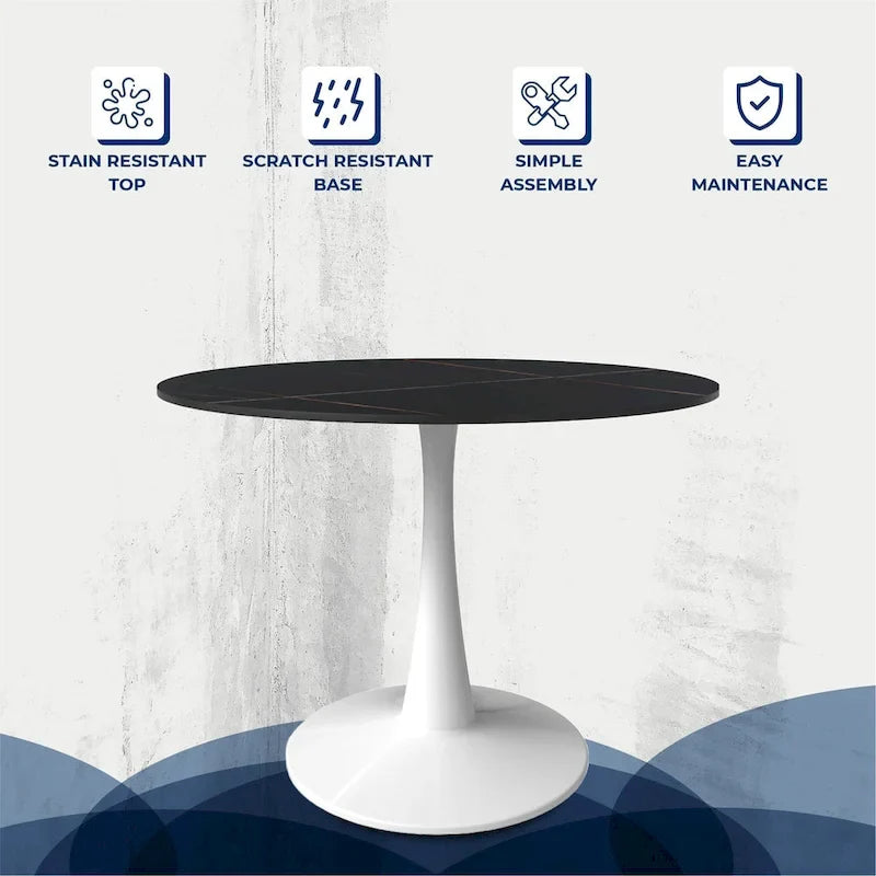 Table de salle à manger ronde 4 places LeisureMod Bristol 40 avec plateau en pierre frittée et base blanche pour cuisine et salle à manger