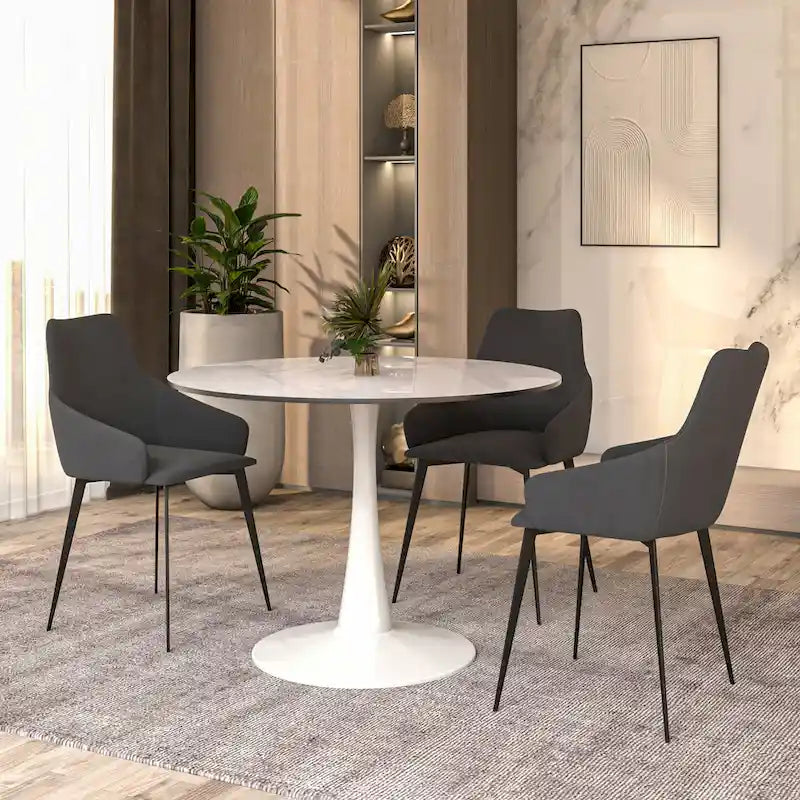 Table de salle à manger ronde 4 places LeisureMod Bristol 40 avec plateau en pierre frittée et base blanche pour cuisine et salle à manger