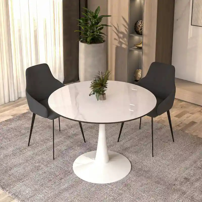 Table de salle à manger ronde 4 places LeisureMod Bristol 40 avec plateau en pierre frittée et base blanche pour cuisine et salle à manger