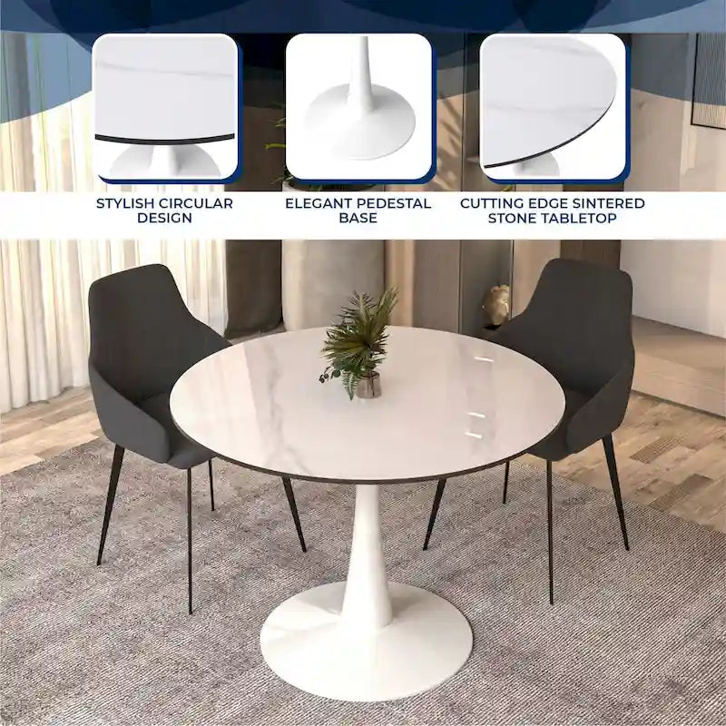 Table de salle à manger ronde 4 places LeisureMod Bristol 40 avec plateau en pierre frittée et base blanche pour cuisine et salle à manger