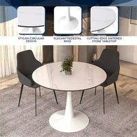Table de salle à manger ronde 4 places LeisureMod Bristol 40 avec plateau en pierre frittée et base blanche pour cuisine et salle à manger