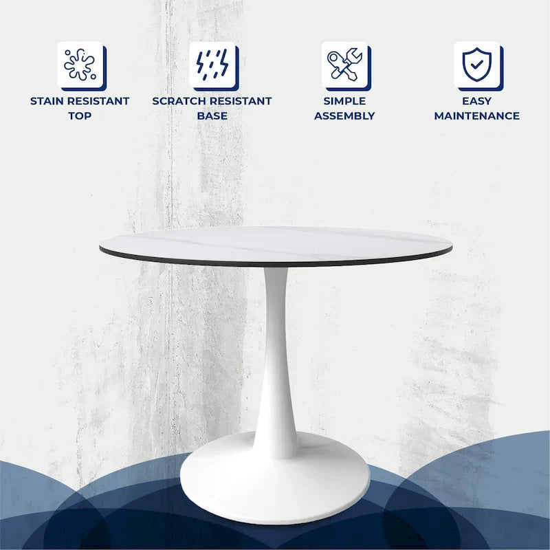 Table de salle à manger ronde 4 places LeisureMod Bristol 40 avec plateau en pierre frittée et base blanche pour cuisine et salle à manger