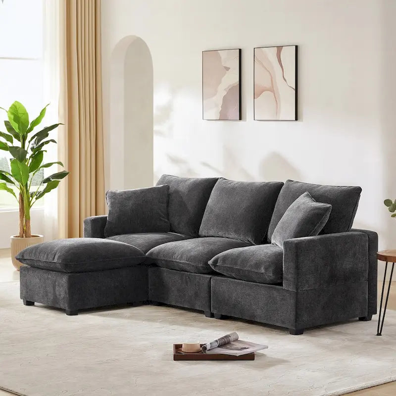 Ensemble Canapé Sectionnel Modulable Moderne Nestfair 4 Places en Chenille avec 2 Coussins Inclus