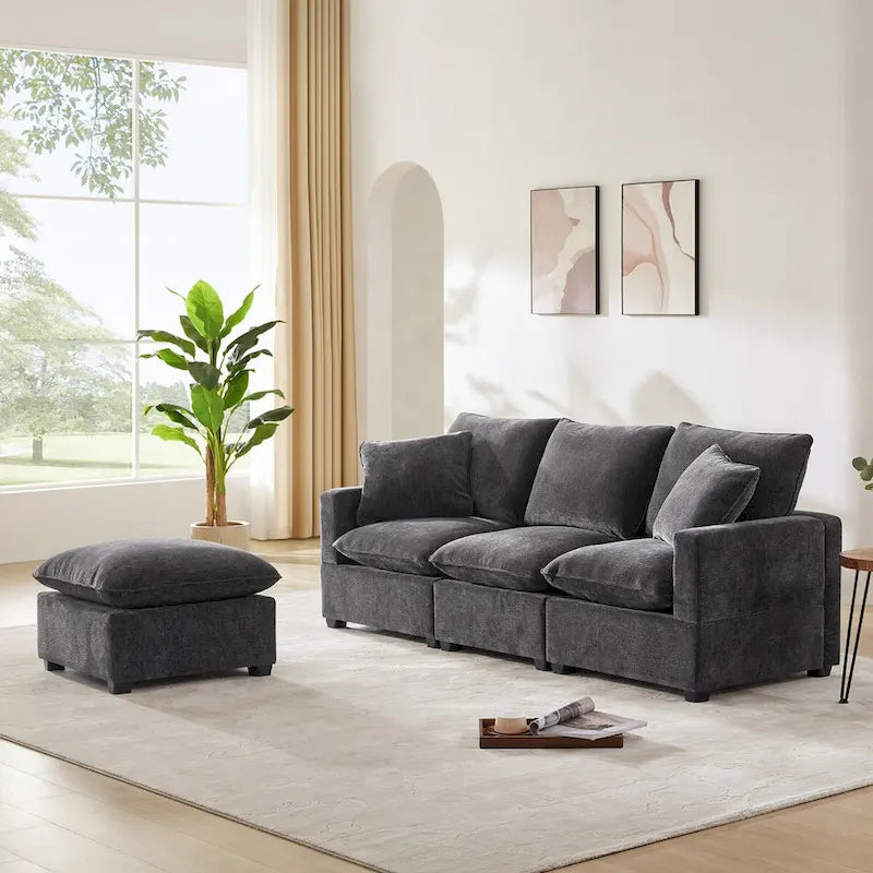Ensemble Canapé Sectionnel Modulable Moderne Nestfair 4 Places en Chenille avec 2 Coussins Inclus
