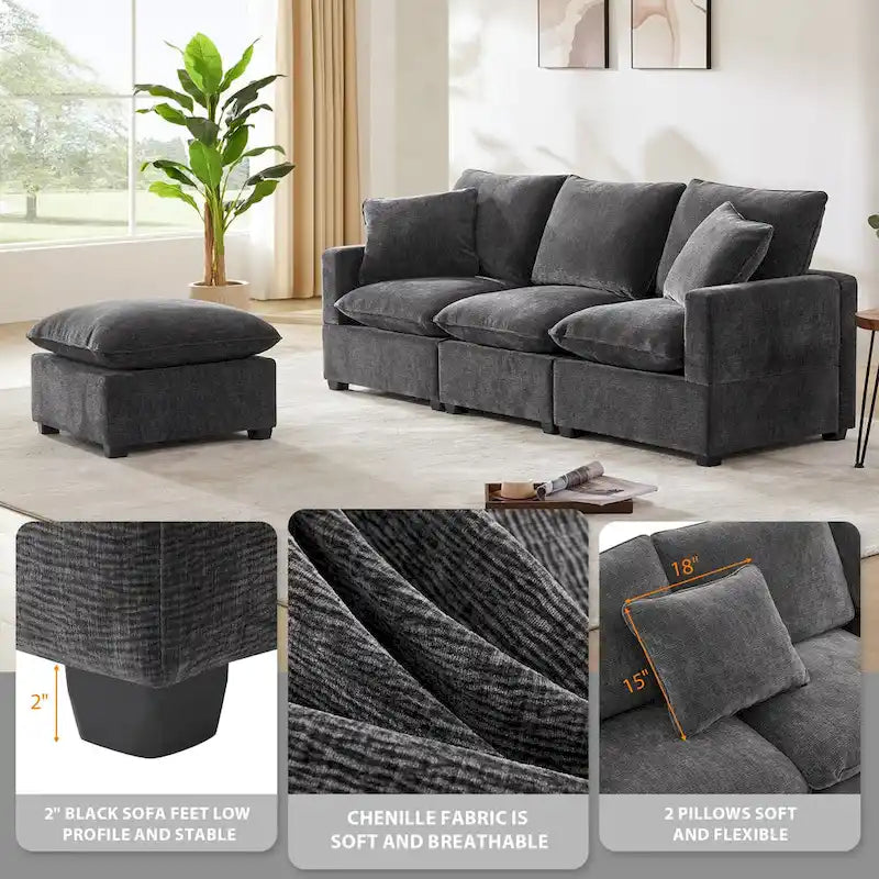 Ensemble Canapé Sectionnel Modulable Moderne Nestfair 4 Places en Chenille avec 2 Coussins Inclus