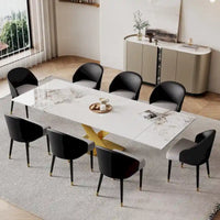 Ensemble de salle à manger 9 pièces avec table à manger rectangulaire extensible en pierre frittée de 240 cm et 8 chaises en similicuir