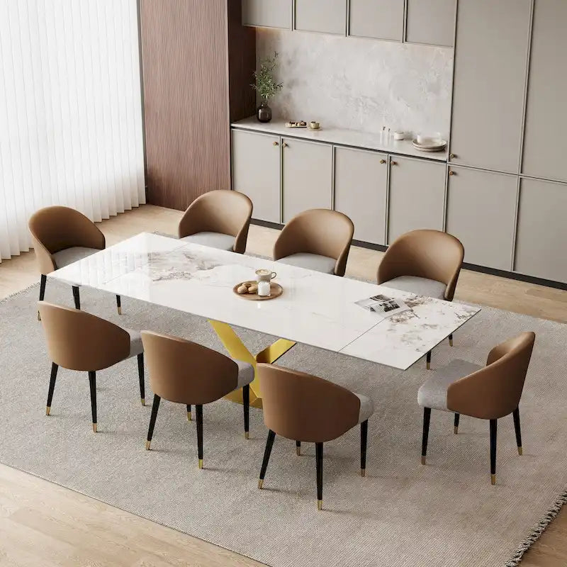 Ensemble de salle à manger 9 pièces avec table à manger rectangulaire extensible en pierre frittée de 240 cm et 8 chaises en similicuir