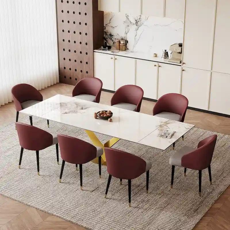 Ensemble de salle à manger 9 pièces avec table à manger rectangulaire extensible en pierre frittée de 240 cm et 8 chaises en similicuir