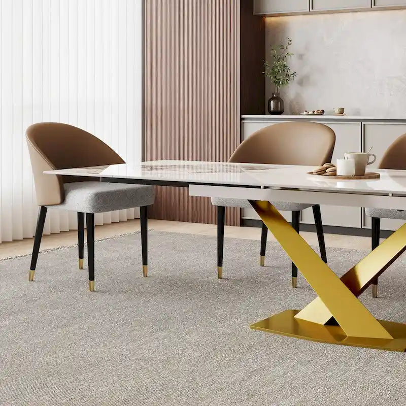 Ensemble de salle à manger 9 pièces avec table à manger rectangulaire extensible en pierre frittée de 240 cm et 8 chaises en similicuir