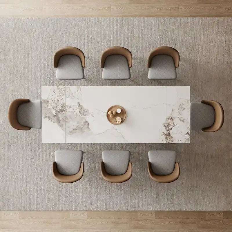 Ensemble de salle à manger 9 pièces avec table à manger rectangulaire extensible en pierre frittée de 240 cm et 8 chaises en similicuir
