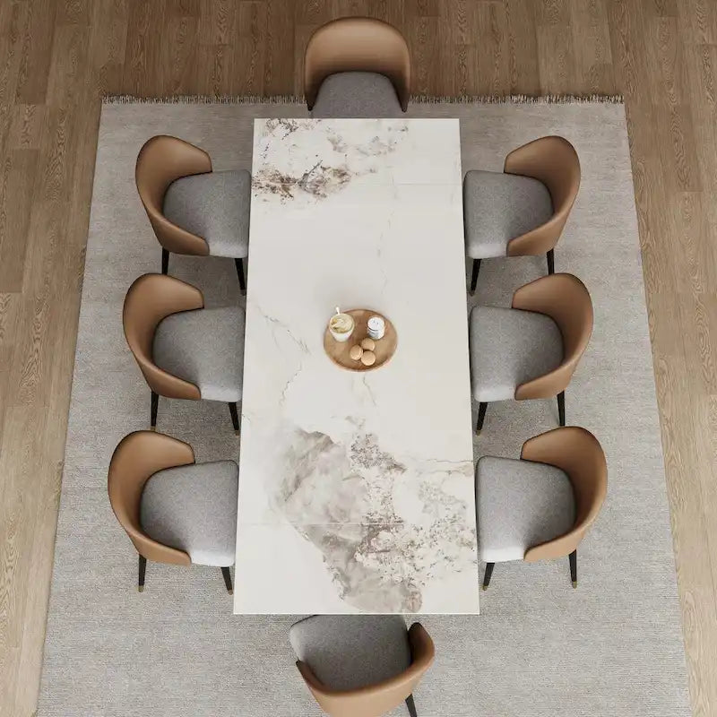 Ensemble de salle à manger 9 pièces avec table à manger rectangulaire extensible en pierre frittée de 240 cm et 8 chaises en similicuir