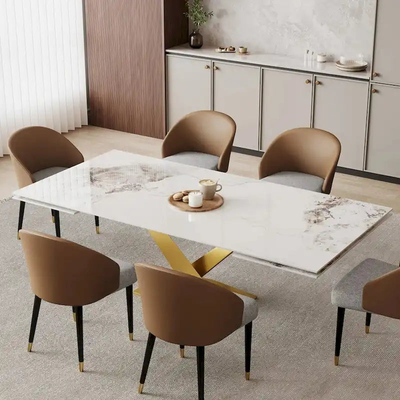 Ensemble de salle à manger 9 pièces avec table à manger rectangulaire extensible en pierre frittée de 240 cm et 8 chaises en similicuir
