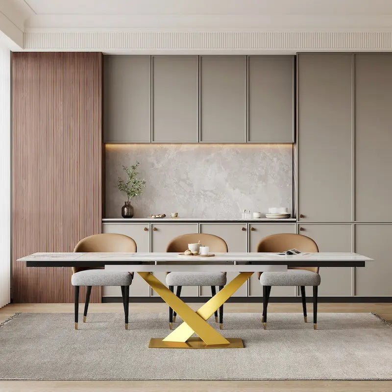 Ensemble de salle à manger 9 pièces avec table à manger rectangulaire extensible en pierre frittée de 240 cm et 8 chaises en similicuir