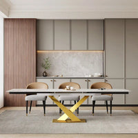 Ensemble de salle à manger 9 pièces avec table à manger rectangulaire extensible en pierre frittée de 240 cm et 8 chaises en similicuir