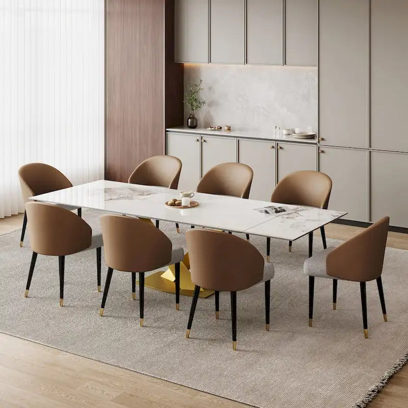 Ensemble de salle à manger 9 pièces avec table à manger rectangulaire extensible en pierre frittée de 240 cm et 8 chaises en similicuir