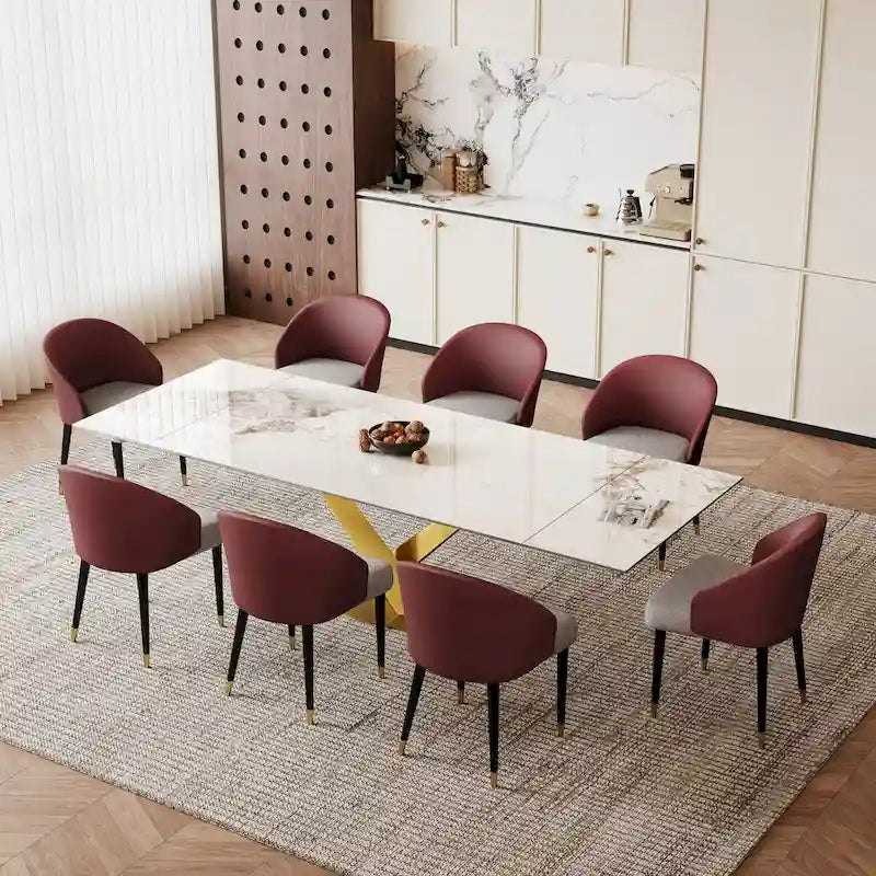 Ensemble de salle à manger 9 pièces avec table à manger rectangulaire extensible en pierre frittée de 240 cm et 8 chaises en similicuir