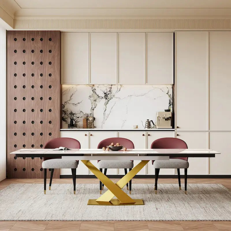 Ensemble de salle à manger 9 pièces avec table à manger rectangulaire extensible en pierre frittée de 240 cm et 8 chaises en similicuir