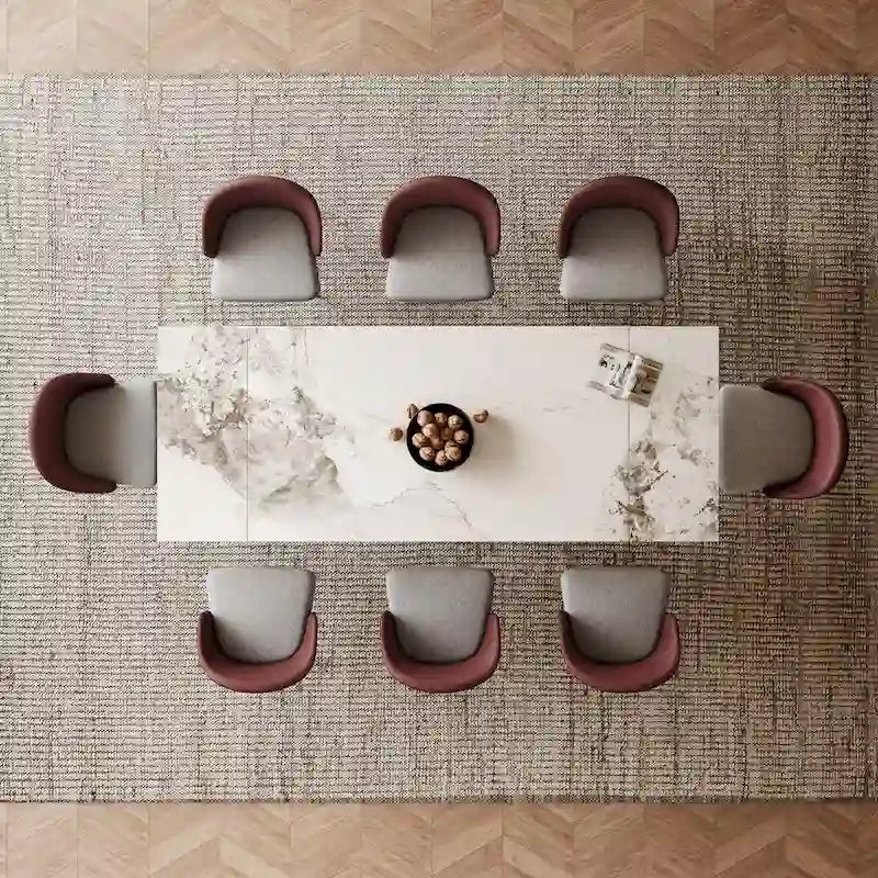 Ensemble de salle à manger 9 pièces avec table à manger rectangulaire extensible en pierre frittée de 240 cm et 8 chaises en similicuir