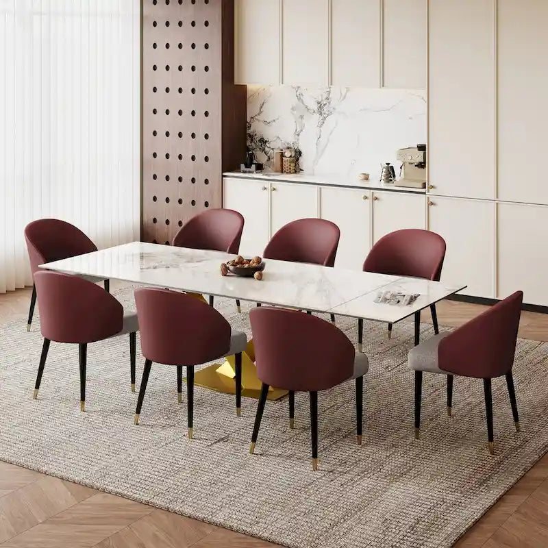 Ensemble de salle à manger 9 pièces avec table à manger rectangulaire extensible en pierre frittée de 240 cm et 8 chaises en similicuir