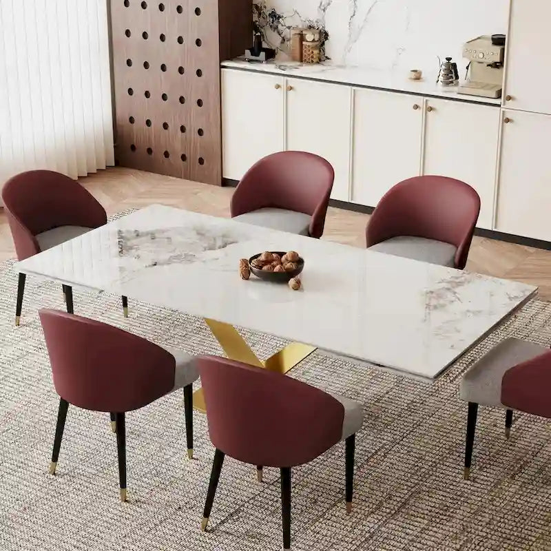 Ensemble de salle à manger 9 pièces avec table à manger rectangulaire extensible en pierre frittée de 240 cm et 8 chaises en similicuir