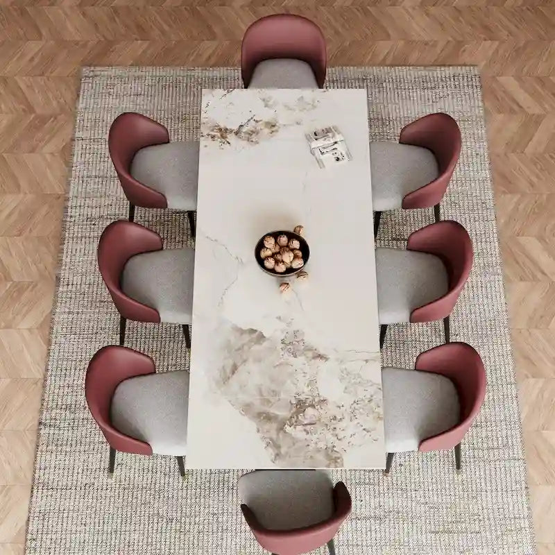 Ensemble de salle à manger 9 pièces avec table à manger rectangulaire extensible en pierre frittée de 240 cm et 8 chaises en similicuir