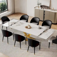 Ensemble de salle à manger 9 pièces avec table à manger rectangulaire extensible en pierre frittée de 240 cm et 8 chaises en similicuir