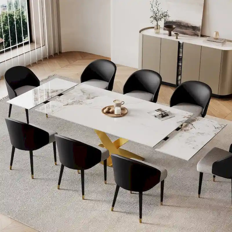 Ensemble de salle à manger 9 pièces avec table à manger rectangulaire extensible en pierre frittée de 240 cm et 8 chaises en similicuir