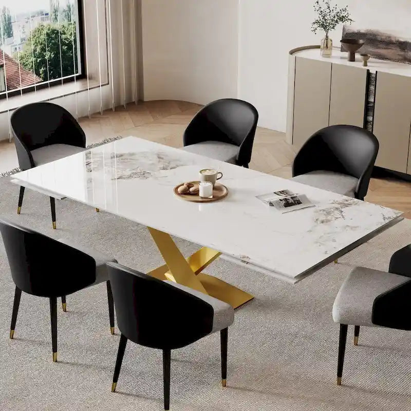 Ensemble de salle à manger 9 pièces avec table à manger rectangulaire extensible en pierre frittée de 240 cm et 8 chaises en similicuir