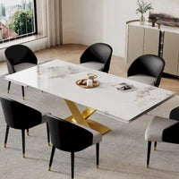 Ensemble de salle à manger 9 pièces avec table à manger rectangulaire extensible en pierre frittée de 240 cm et 8 chaises en similicuir