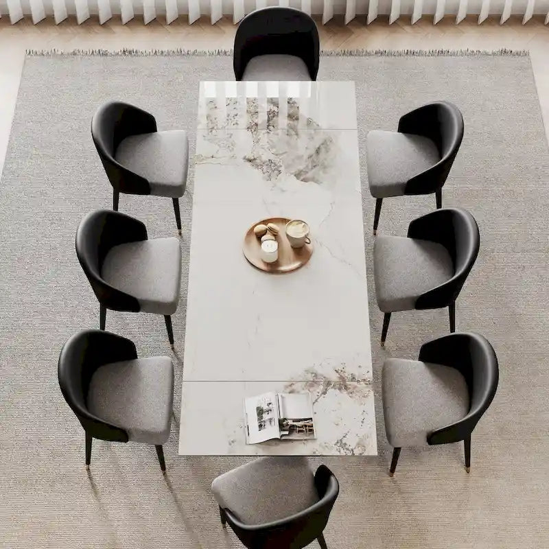 Ensemble de salle à manger 9 pièces avec table à manger rectangulaire extensible en pierre frittée de 240 cm et 8 chaises en similicuir