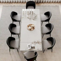 Ensemble de salle à manger 9 pièces avec table à manger rectangulaire extensible en pierre frittée de 240 cm et 8 chaises en similicuir