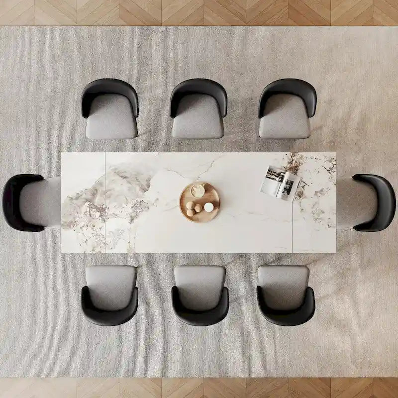Ensemble de salle à manger 9 pièces avec table à manger rectangulaire extensible en pierre frittée de 240 cm et 8 chaises en similicuir