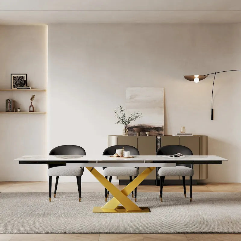 Ensemble de salle à manger 9 pièces avec table à manger rectangulaire extensible en pierre frittée de 240 cm et 8 chaises en similicuir