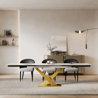 Ensemble de salle à manger 9 pièces avec table à manger rectangulaire extensible en pierre frittée de 240 cm et 8 chaises en similicuir