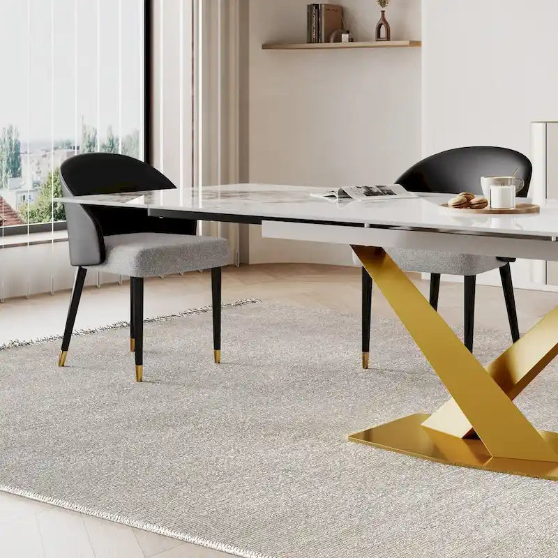 Ensemble de salle à manger 9 pièces avec table à manger rectangulaire extensible en pierre frittée de 240 cm et 8 chaises en similicuir