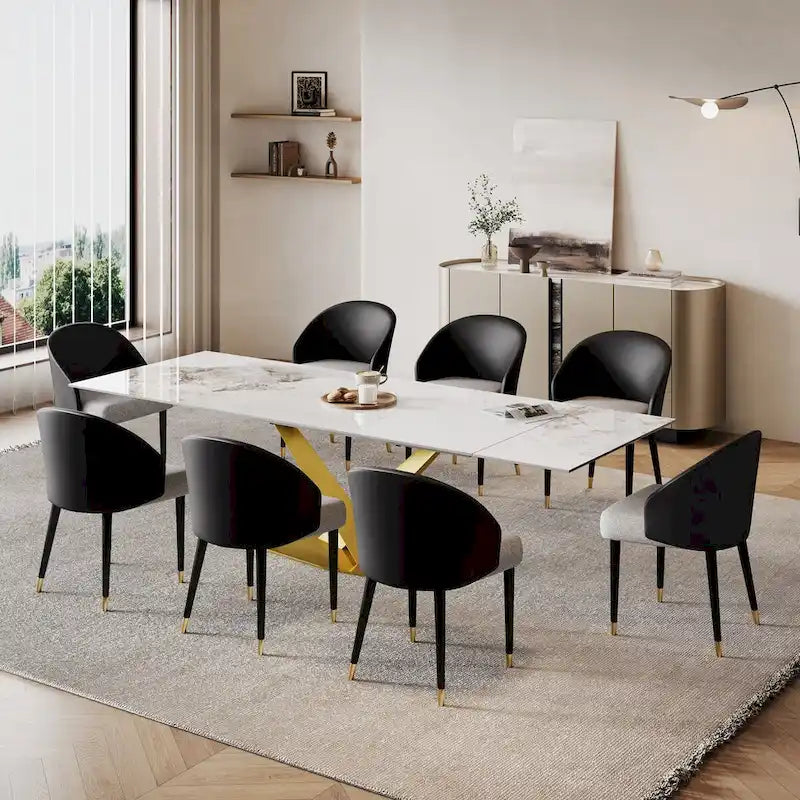 Ensemble de salle à manger 9 pièces avec table à manger rectangulaire extensible en pierre frittée de 240 cm et 8 chaises en similicuir