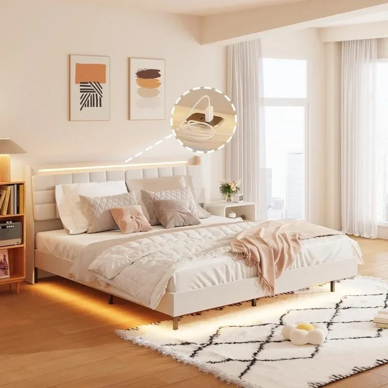 Lit plate-forme flottant tapissé King Size avec lumières LED et station de recharge