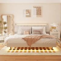 Lit plate-forme flottant tapissé King Size avec lumières LED et station de recharge