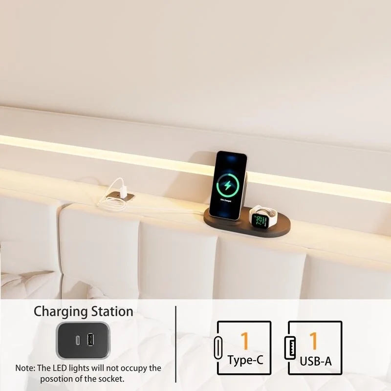 Lit plate-forme flottant tapissé King Size avec lumières LED et station de recharge