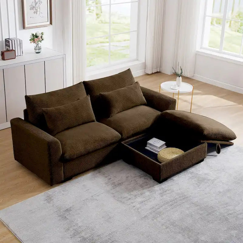 Canapé Sectionnel Confortable en Velours Côtelé avec Coussins et Accoudoirs Ronds, Canapé-Lit en Velours Côtelé Assise Profonde avec Pouf de Rangement