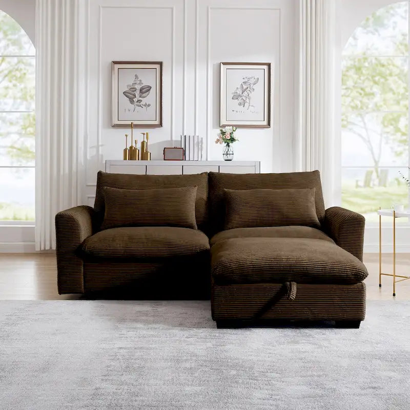 Canapé Sectionnel Confortable en Velours Côtelé avec Coussins et Accoudoirs Ronds, Canapé-Lit en Velours Côtelé Assise Profonde avec Pouf de Rangement
