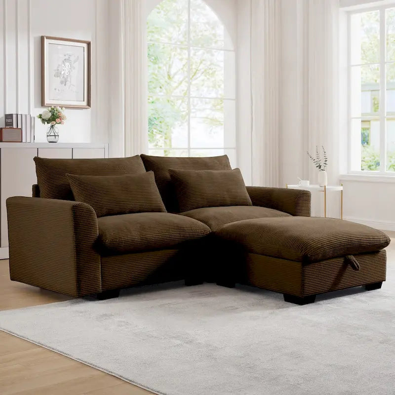 Canapé Sectionnel Confortable en Velours Côtelé avec Coussins et Accoudoirs Ronds, Canapé-Lit en Velours Côtelé Assise Profonde avec Pouf de Rangement