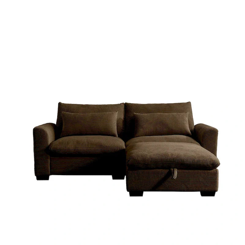 Canapé Sectionnel Confortable en Velours Côtelé avec Coussins et Accoudoirs Ronds, Canapé-Lit en Velours Côtelé Assise Profonde avec Pouf de Rangement